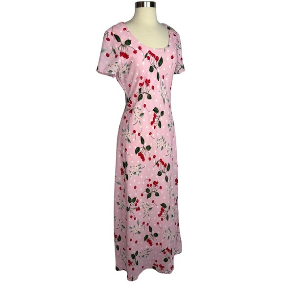 VTG Softgirl Cottagecore Ronni Nicole By Ouida Pink Cherry Print Maxi Dress Sz8 - Picture 4 of 9
